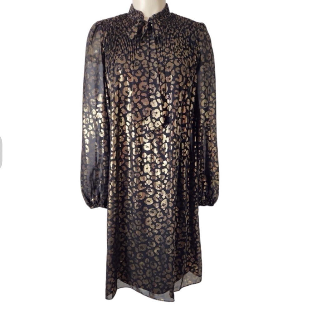 DKNY Dresses l Metallic Animal Print Tie Neck Dress Size 10 Black/Gold 0612